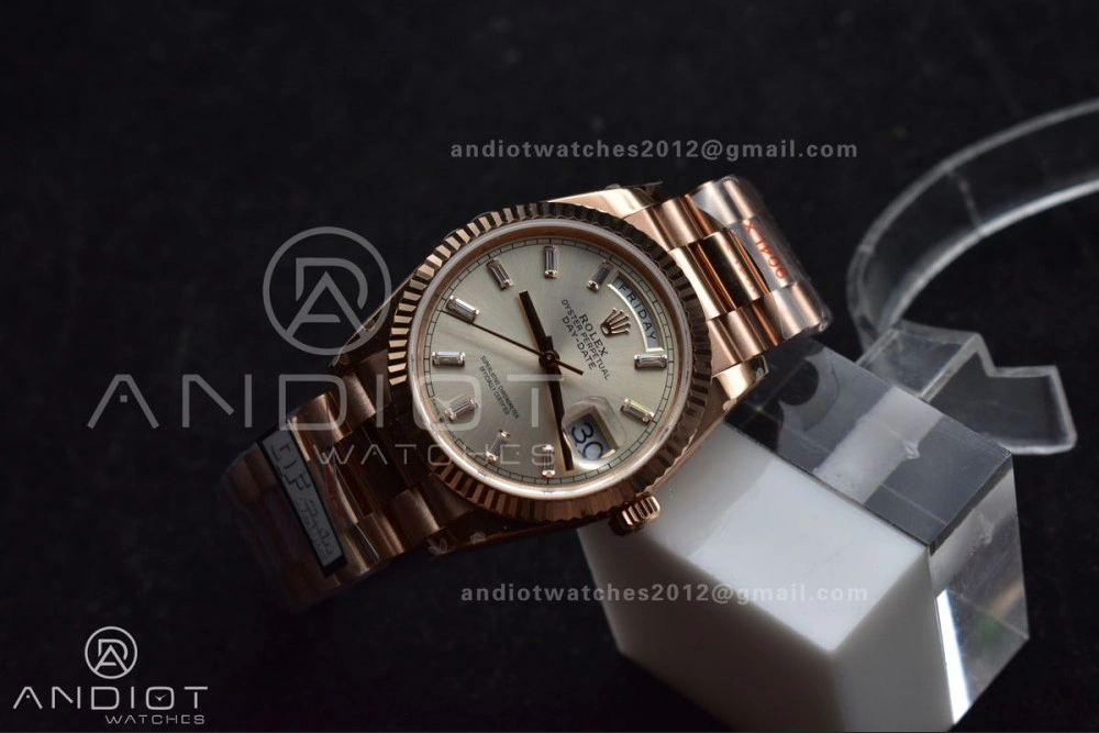ZeroBulk DayDate 36 RG QF Best Edition 904L Steel Silver Dial with Stick Diamond on President Bracelet vr3255 V5 (Gain Weight) 674