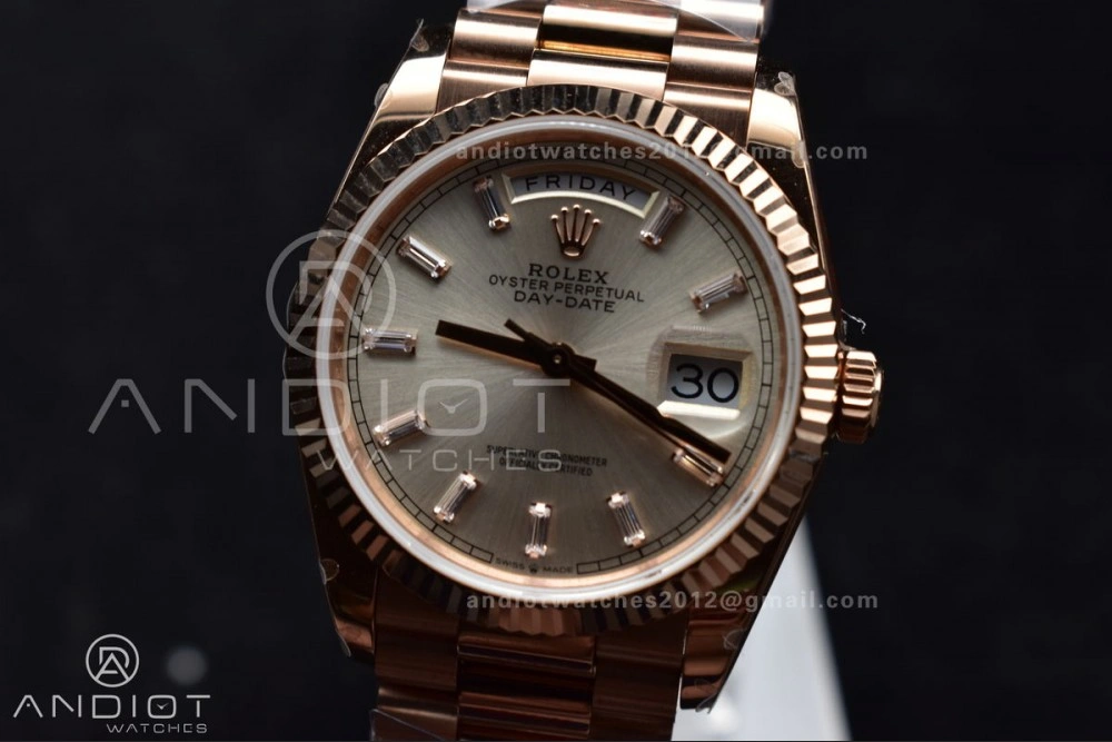 ZeroBulk DayDate 36 RG QF Best Edition 904L Steel Silver Dial with Stick Diamond on President Bracelet vr3255 V5 (Gain Weight) 674