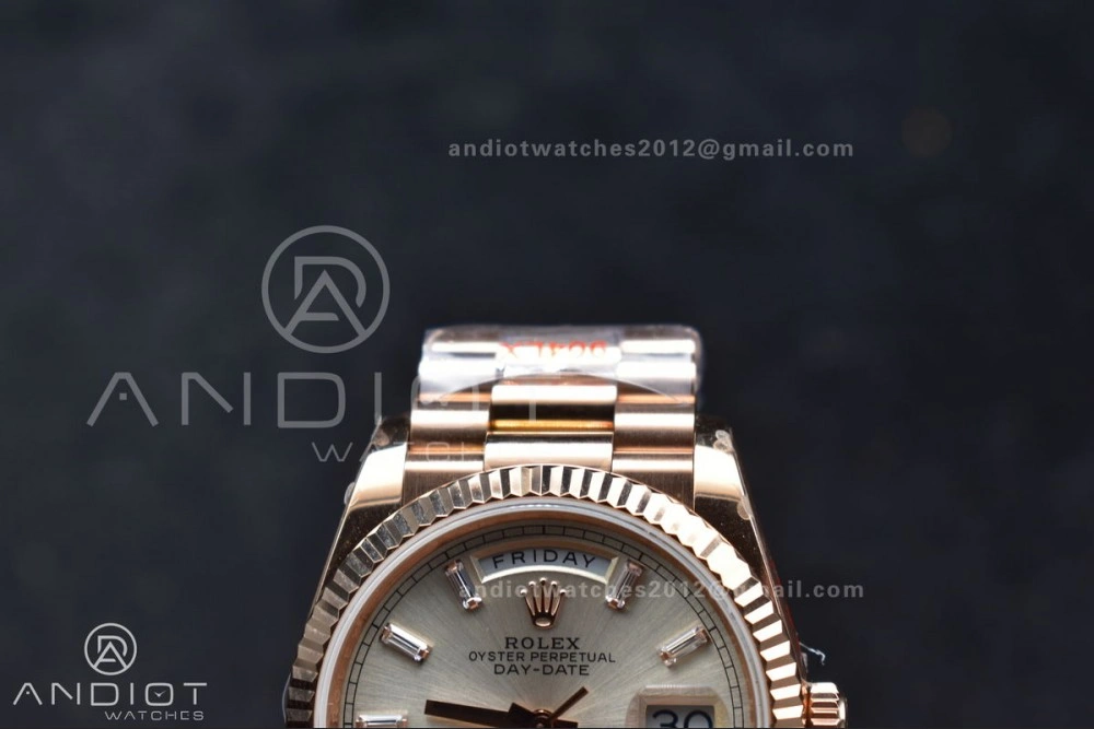 ZeroBulk DayDate 36 RG QF Best Edition 904L Steel Silver Dial with Stick Diamond on President Bracelet vr3255 V5 (Gain Weight) 674