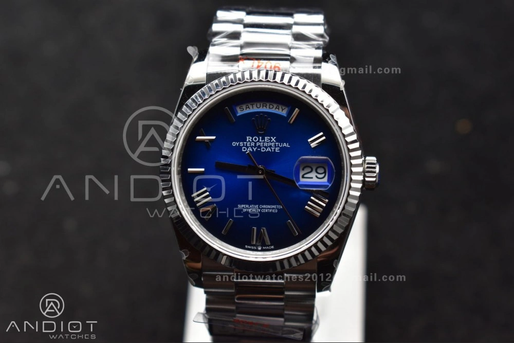 EasyMatch DayDate 36 SS QF Best Edition 904L Steel Faded Blue Roman Dial on President Bracelet vr3255 V5 (Gain Weight) 680