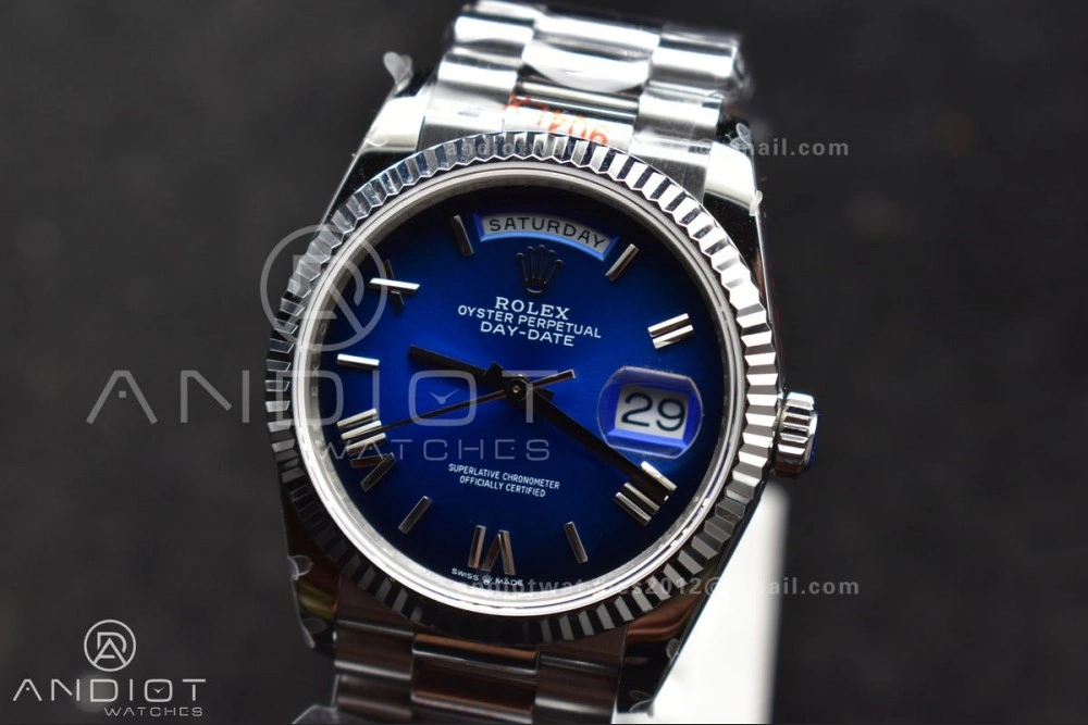 EasyMatch DayDate 36 SS QF Best Edition 904L Steel Faded Blue Roman Dial on President Bracelet vr3255 V5 (Gain Weight) 680