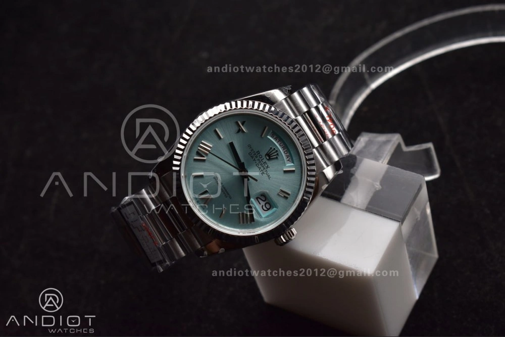 SunProtective DayDate 36 SS QF Best Edition 904L Steel Light Blue Roman Dial on President Bracelet vr3255 V5 (Gain Weight) 685