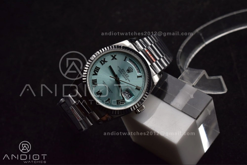 TimelessDesign DayDate 36 SS QF Best Edition 904L Steel Light Blue Roman Dial on President Bracelet vr3255 V5 (Gain Weight) 689