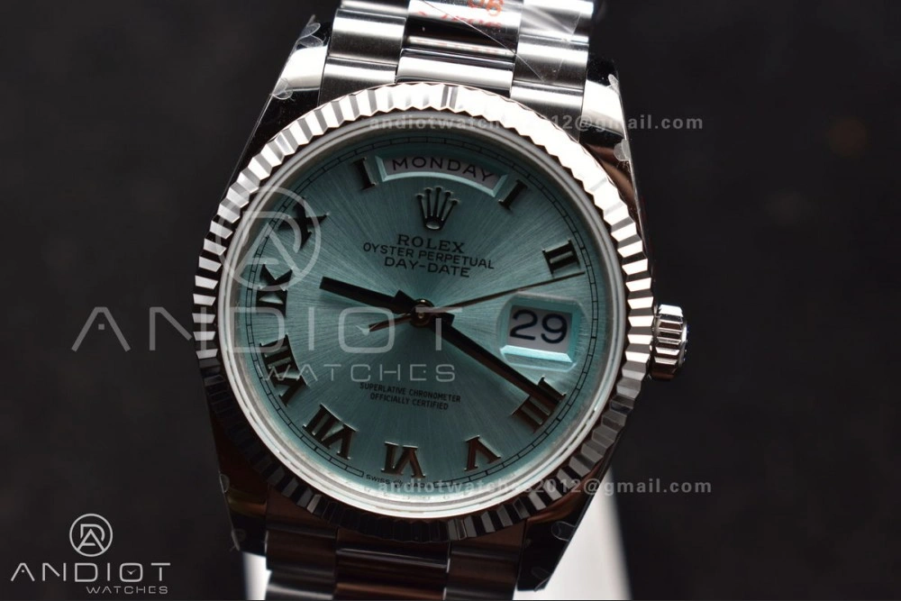 TimelessDesign DayDate 36 SS QF Best Edition 904L Steel Light Blue Roman Dial on President Bracelet vr3255 V5 (Gain Weight) 689