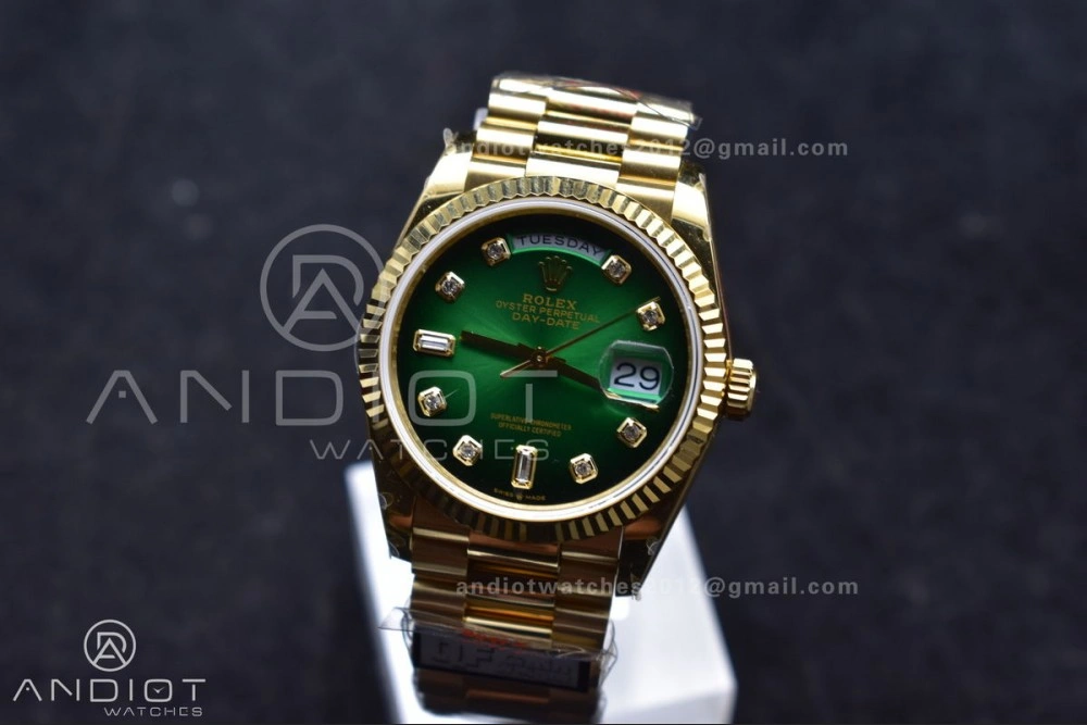 DayDate 36 YG QF Best Edition 904L Steel Faded Green Dial with Square Diamond on President Bracelet vr3255 V5 (Gain Weight) Reliable 692