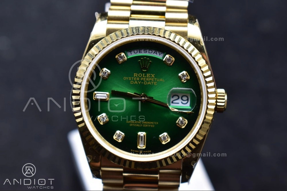 DayDate 36 YG QF Best Edition 904L Steel Faded Green Dial with Square Diamond on President Bracelet vr3255 V5 (Gain Weight) Reliable 692