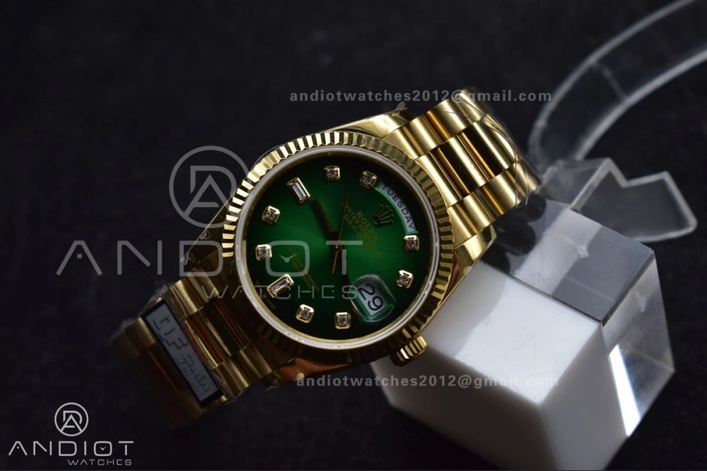 DayDate 36 YG QF Best Edition 904L Steel Faded Green Dial with Square Diamond on President Bracelet vr3255 V5 (Gain Weight) Reliable 692