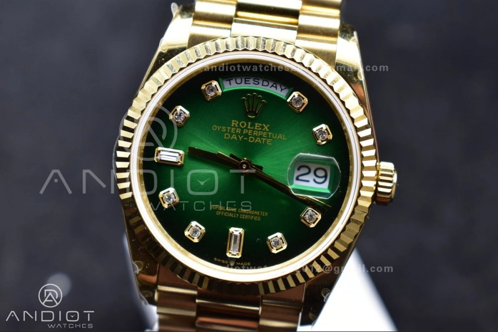 DayDate 36 YG QF Best Edition 904L Steel Faded Green Dial with Square Diamond on President Bracelet vr3255 V5 (Gain Weight) Reliable 692