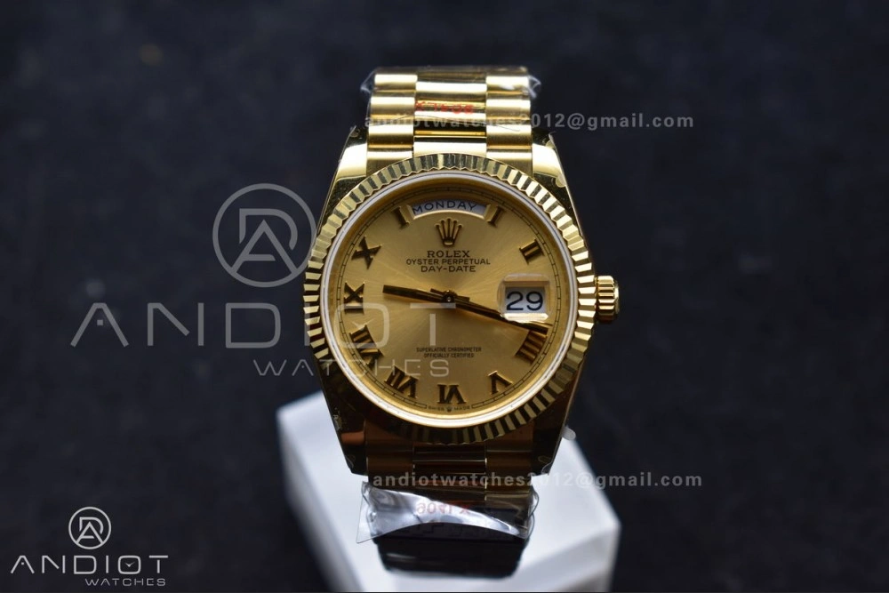 DayDate 36 YG QF Best Edition 904L Steel Gold Dial with Roman Mark on President Bracelet vr3255 V5 (Gain Weight) OnTrend 691