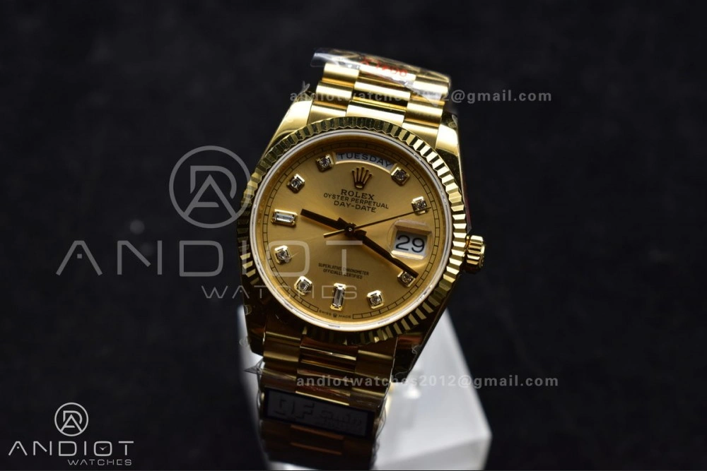 DayDate 36 YG QF Best Edition 904L Steel Gold Dial with Square Diamond on President Bracelet vr3255 V5 (Gain Weight) Refined 695