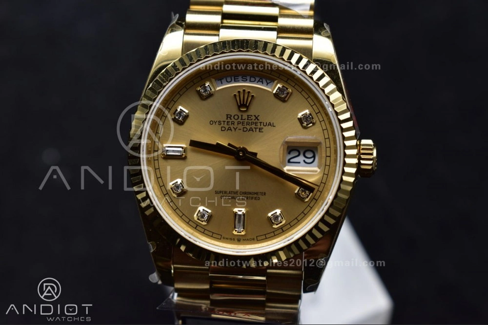 DayDate 36 YG QF Best Edition 904L Steel Gold Dial with Square Diamond on President Bracelet vr3255 V5 (Gain Weight) Refined 695