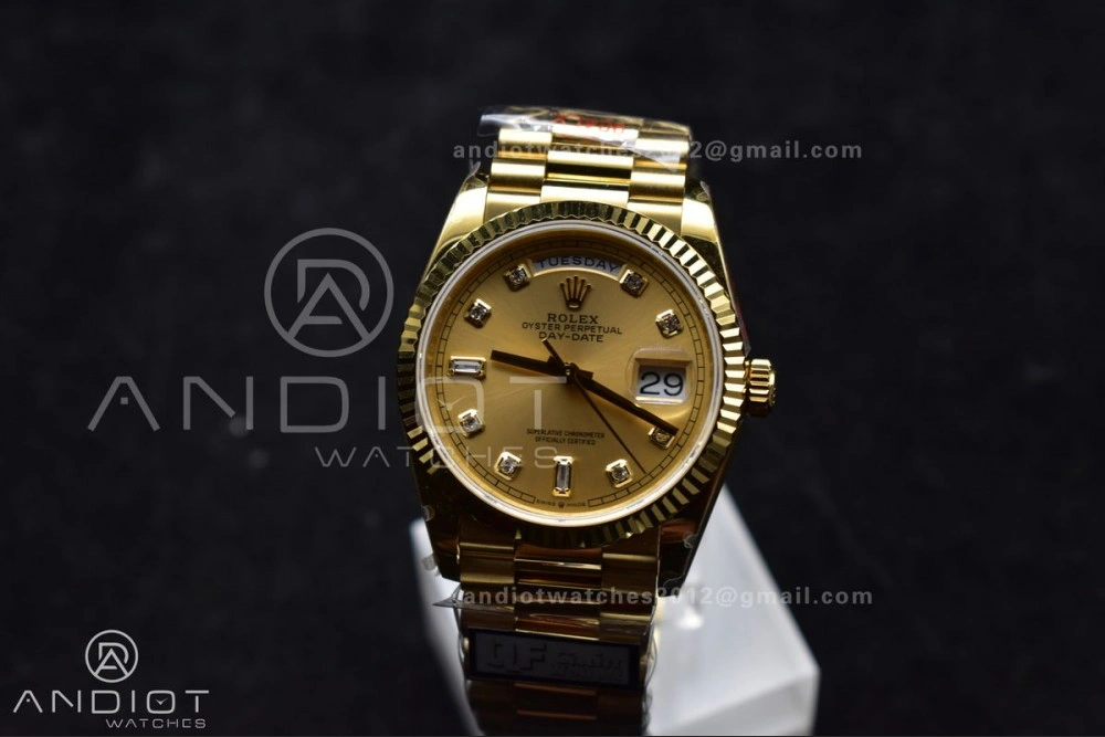 DayDate 36 YG QF Best Edition 904L Steel Gold Dial with Square Diamond on President Bracelet vr3255 V5 (Gain Weight) Refined 695