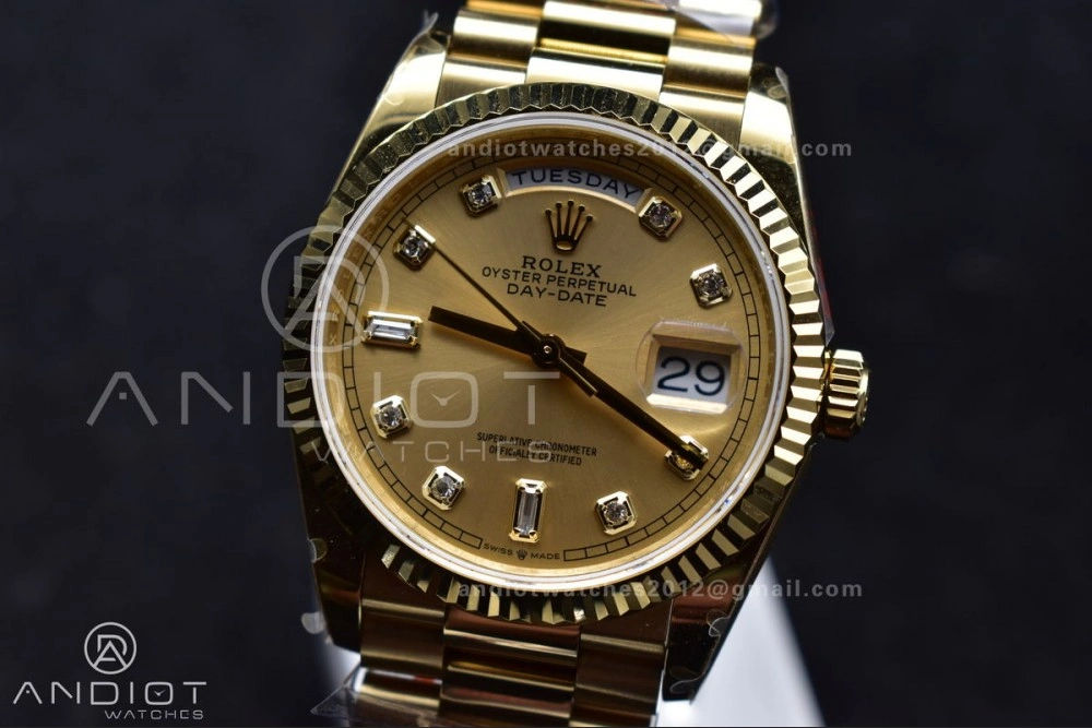 DayDate 36 YG QF Best Edition 904L Steel Gold Dial with Square Diamond on President Bracelet vr3255 V5 (Gain Weight) Refined 695