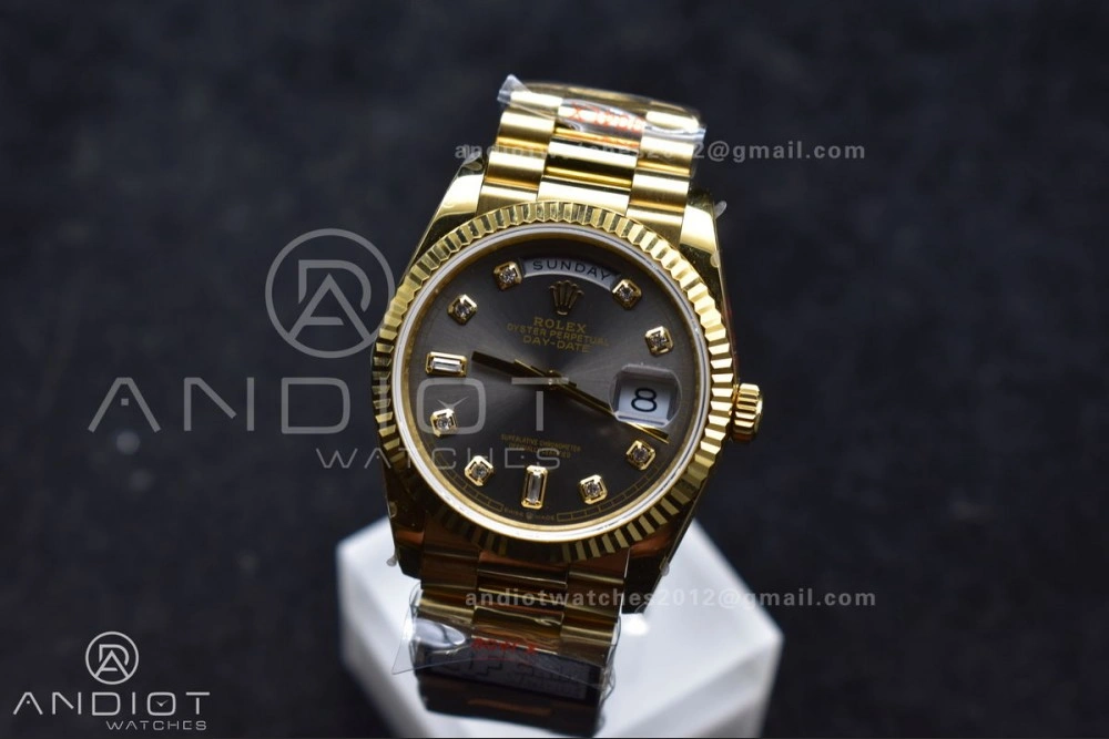UrbanStyle DayDate 36 YG QF Best Edition 904L Steel Grey Dial with Square Diamond on President Bracelet vr3255 V5 (Gain Weight) 698