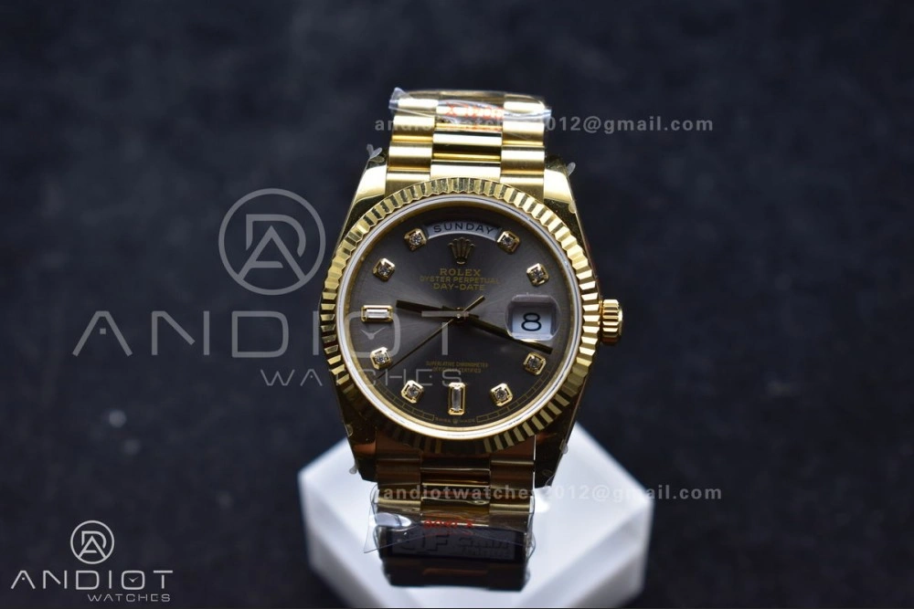 UrbanStyle DayDate 36 YG QF Best Edition 904L Steel Grey Dial with Square Diamond on President Bracelet vr3255 V5 (Gain Weight) 698
