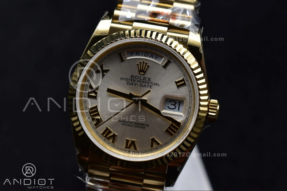 DayDate 36 YG QF Best Edition 904L Steel Silver Dial with Roman Markers on President Bracelet vr3255 V5 (Gain Weight) Durable 699