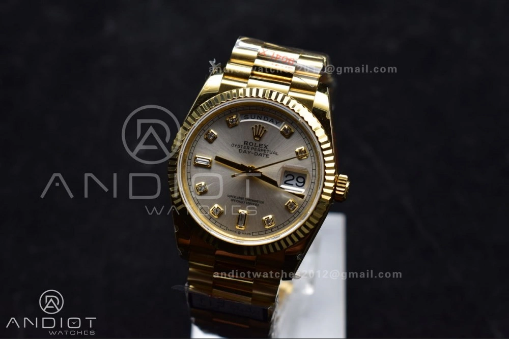 AllSeason DayDate 36 YG QF Best Edition 904L Steel Silver Dial with Square Diamond on President Bracelet vr3255 V5 (Gain Weight) 702