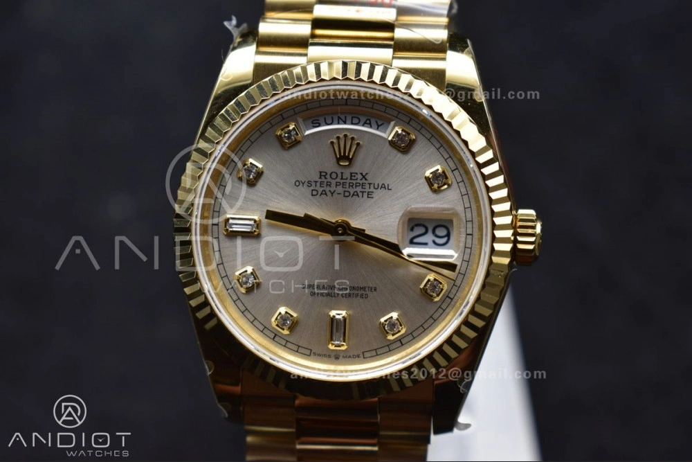 AllSeason DayDate 36 YG QF Best Edition 904L Steel Silver Dial with Square Diamond on President Bracelet vr3255 V5 (Gain Weight) 702