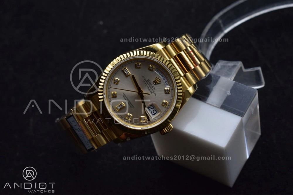 AllSeason DayDate 36 YG QF Best Edition 904L Steel Silver Dial with Square Diamond on President Bracelet vr3255 V5 (Gain Weight) 702