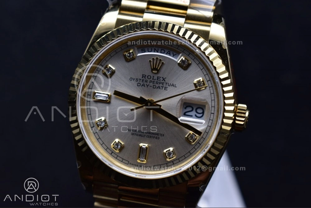 AllSeason DayDate 36 YG QF Best Edition 904L Steel Silver Dial with Square Diamond on President Bracelet vr3255 V5 (Gain Weight) 702