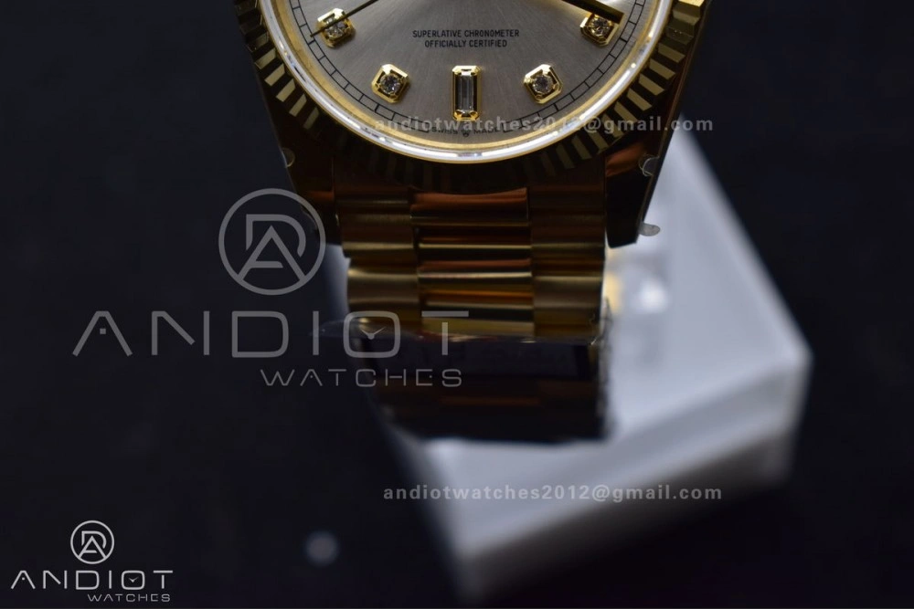 AllSeason DayDate 36 YG QF Best Edition 904L Steel Silver Dial with Square Diamond on President Bracelet vr3255 V5 (Gain Weight) 702