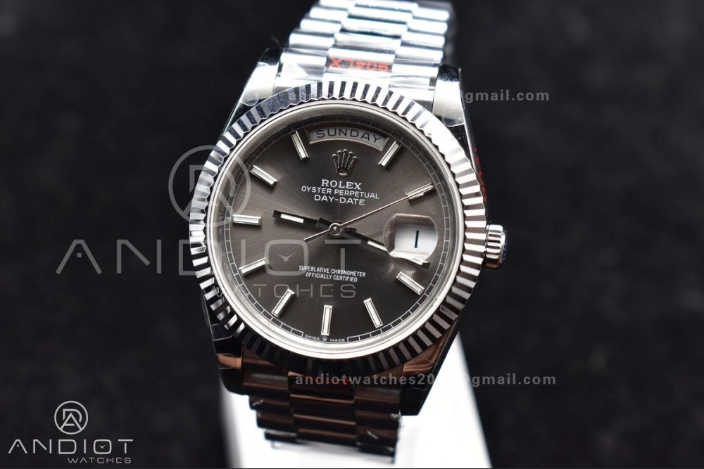 WrinkleFree DayDate 40 GMF Tungsten Weighted 904L Steel Grey Dial Stick Markers On President Bracelet A2836 V 704