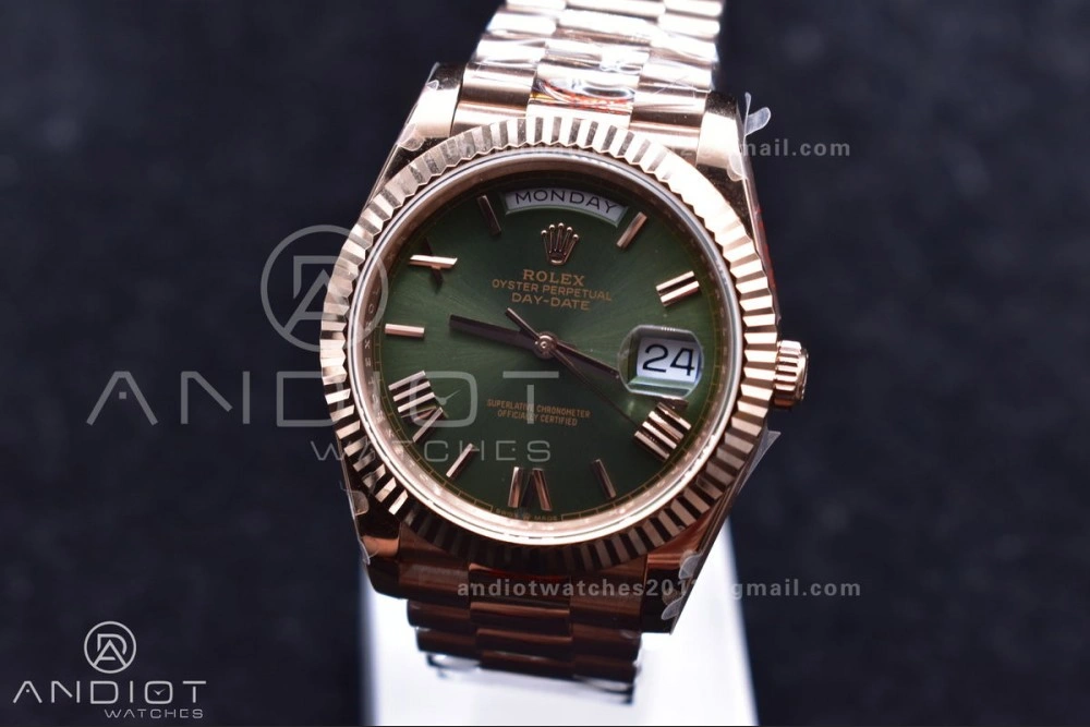 DayDate 40 RG GMF Tungsten Weighted 904L Steel Green Dial Roman Markers on President Bracelet A2836 V Casual 709
