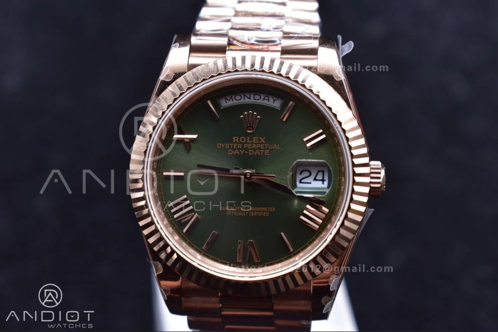 DayDate 40 RG GMF Tungsten Weighted 904L Steel Green Dial Roman Markers on President Bracelet A2836 V Casual 709