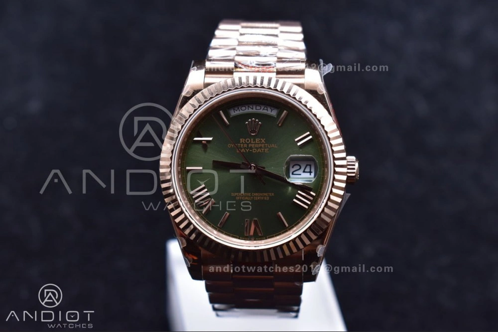 DayDate 40 RG GMF Tungsten Weighted 904L Steel Green Dial Roman Markers on President Bracelet A2836 V Casual 709