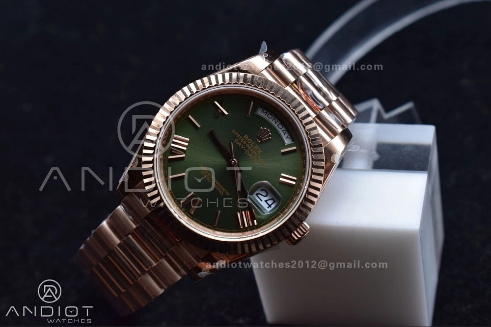 DayDate 40 RG GMF Tungsten Weighted 904L Steel Green Dial Roman Markers on President Bracelet A2836 V Casual 709