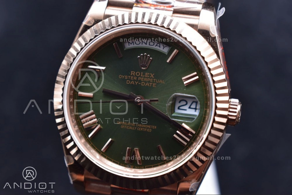 DayDate 40 RG GMF Tungsten Weighted 904L Steel Green Dial Roman Markers on President Bracelet A2836 V Casual 709