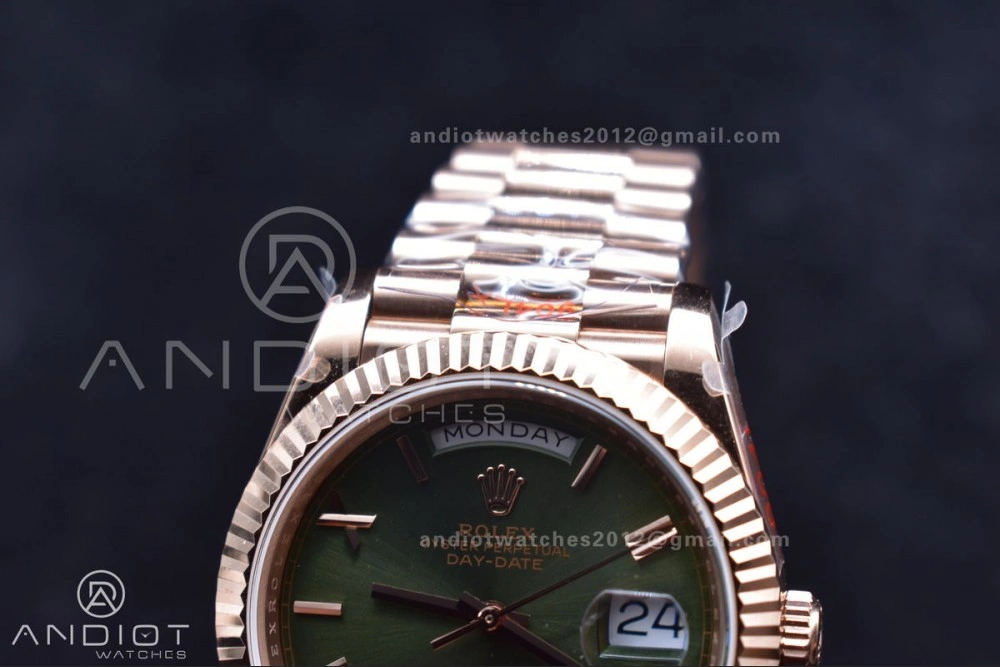 DayDate 40 RG GMF Tungsten Weighted 904L Steel Green Dial Roman Markers on President Bracelet A2836 V Casual 709