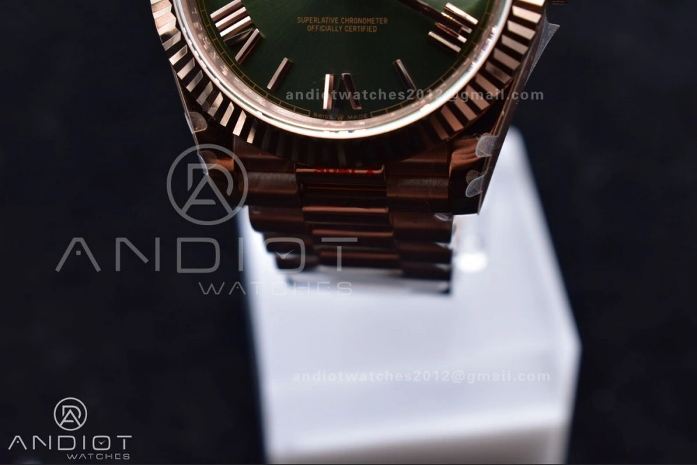 DayDate 40 RG GMF Tungsten Weighted 904L Steel Green Dial Roman Markers on President Bracelet A2836 V Casual 709