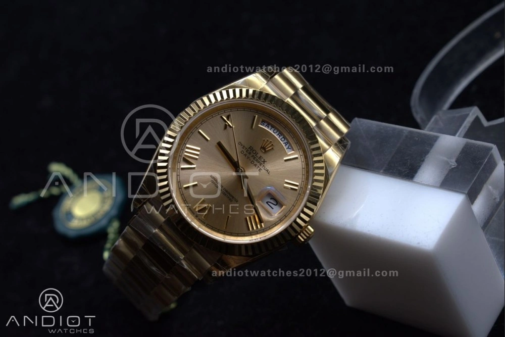 Thermal DayDate 40 RG GSF Gain Weight Gold Roman Dial on President Bracelet A 390