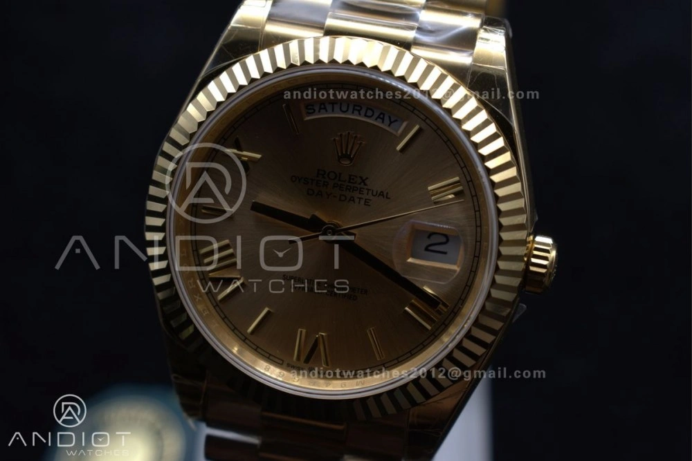 Thermal DayDate 40 RG GSF Gain Weight Gold Roman Dial on President Bracelet A 390