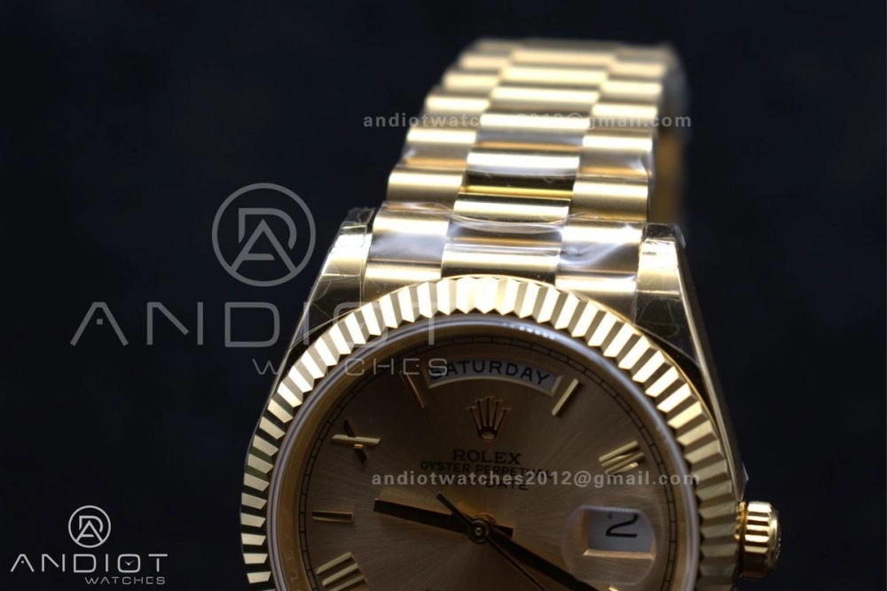 Thermal DayDate 40 RG GSF Gain Weight Gold Roman Dial on President Bracelet A 390