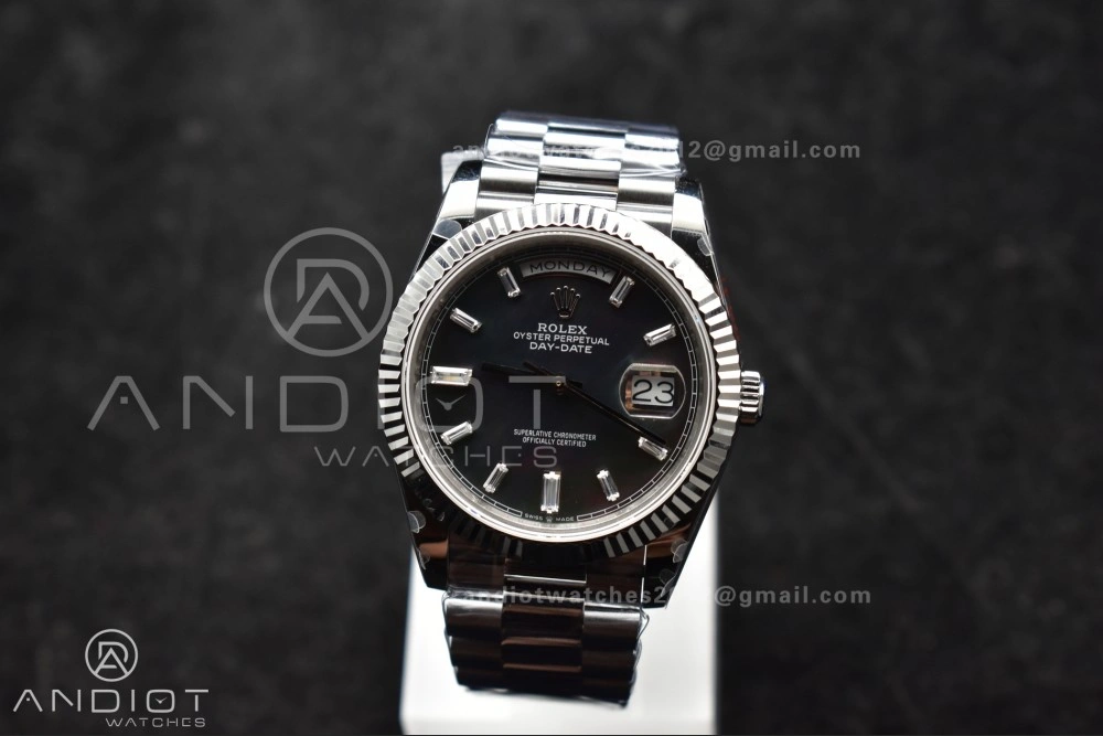DayDate 40 SS GMF 904L Steel Black Crystal Dial on President Bracelet A2836 V3 (Gain Weight) Original 713