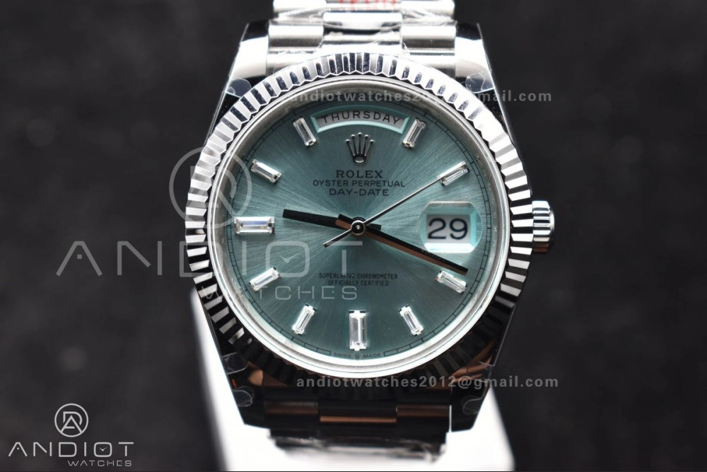 DayDate 40 SS GMF 904L Steel Ice Blue Stick Dial On President Bracelet A3255 V Tailored 714