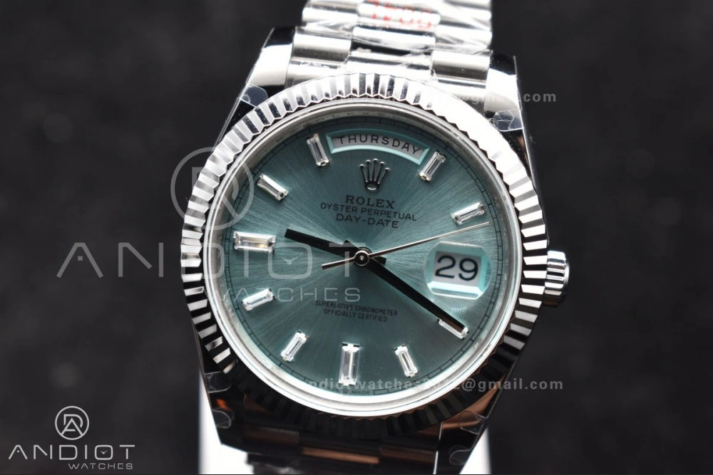 DayDate 40 SS GMF 904L Steel Ice Blue Stick Dial On President Bracelet A3255 V Tailored 714