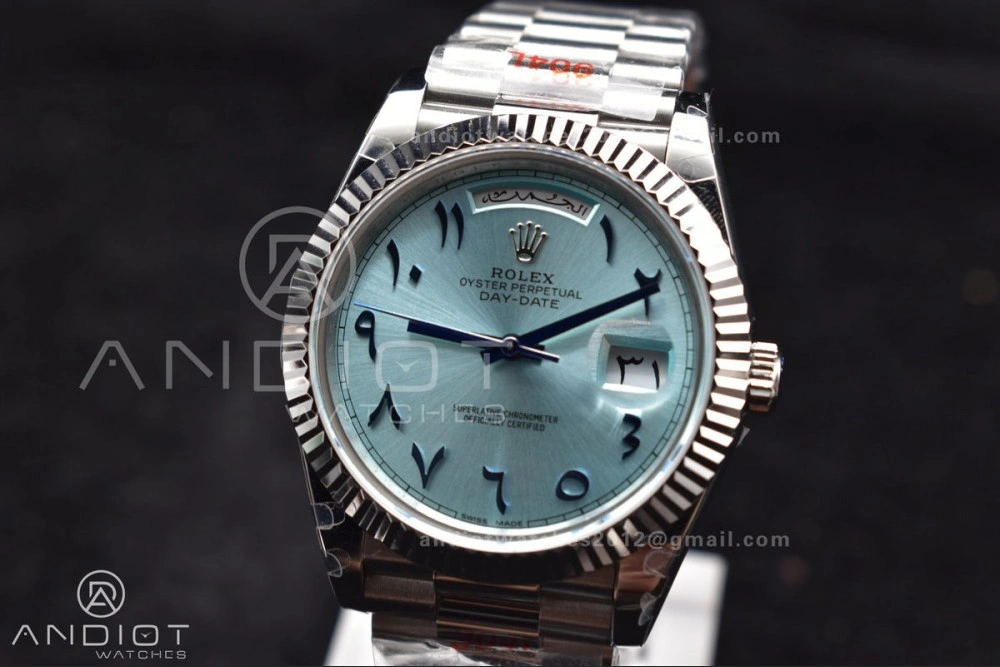 DayDate 40 SS GMF 904L Steel Iced Blue Dial Arabic Markers on President Bracelet A3255 V Packable 710