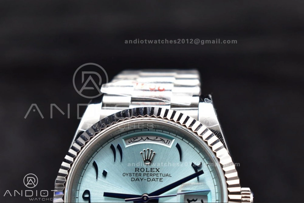 DayDate 40 SS GMF 904L Steel Iced Blue Dial Arabic Markers on President Bracelet A3255 V Packable 710