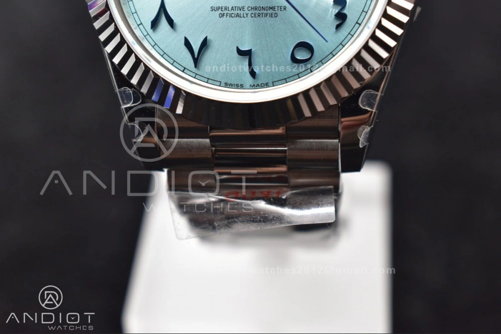 DayDate 40 SS GMF 904L Steel Iced Blue Dial Arabic Markers on President Bracelet A3255 V Packable 710