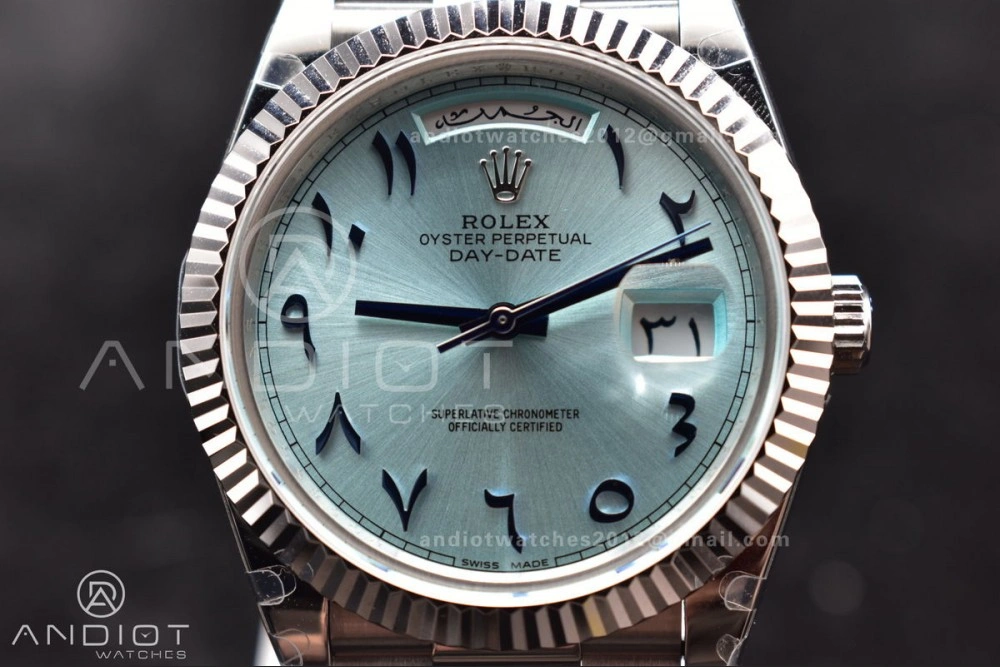 DayDate 40 SS GMF 904L Steel Iced Blue Dial Arabic Markers on President Bracelet A3255 V Packable 710