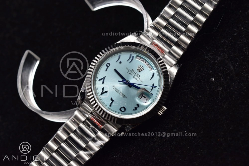 DayDate 40 SS GMF 904L Steel Iced Blue Dial Arabic Markers on President Bracelet A3255 V Packable 710