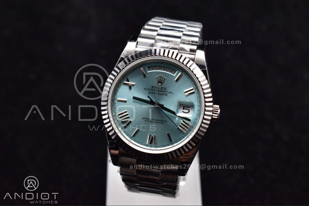 Durable DayDate 40 SS GMF 904L Steel Iced Blue Dial Roman Markers On President Bracelet A3255 V 715