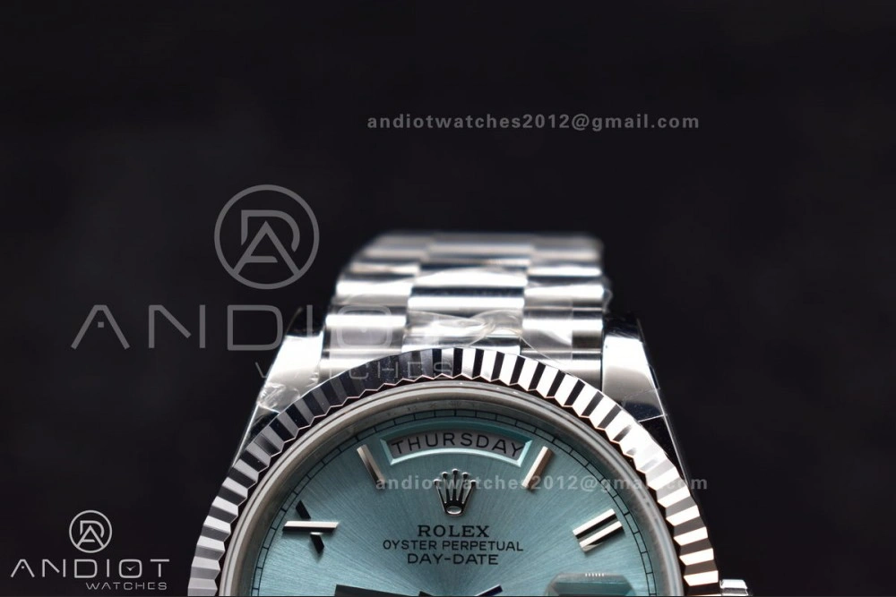 Durable DayDate 40 SS GMF 904L Steel Iced Blue Dial Roman Markers On President Bracelet A3255 V 715