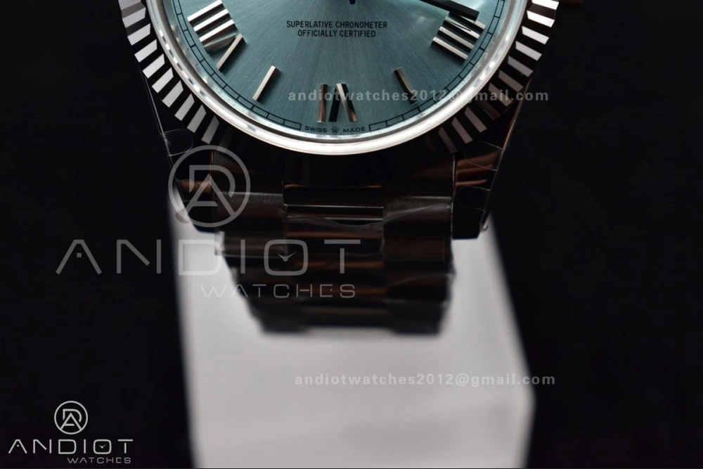 Durable DayDate 40 SS GMF 904L Steel Iced Blue Dial Roman Markers On President Bracelet A3255 V 715