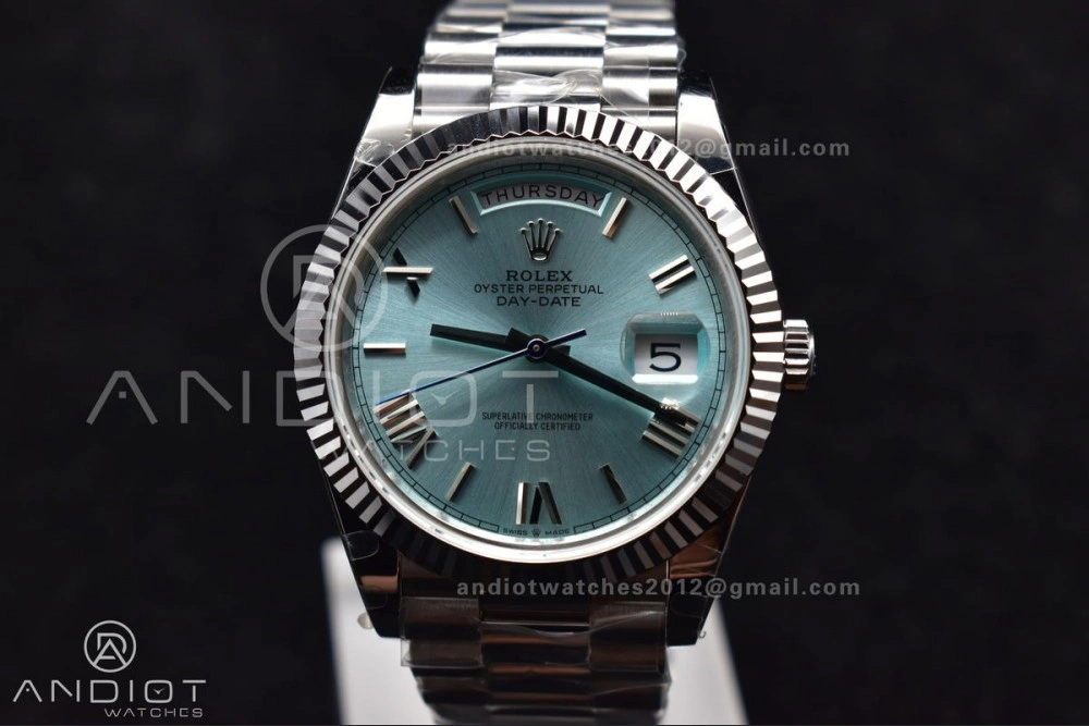 Durable DayDate 40 SS GMF 904L Steel Iced Blue Dial Roman Markers On President Bracelet A3255 V 715