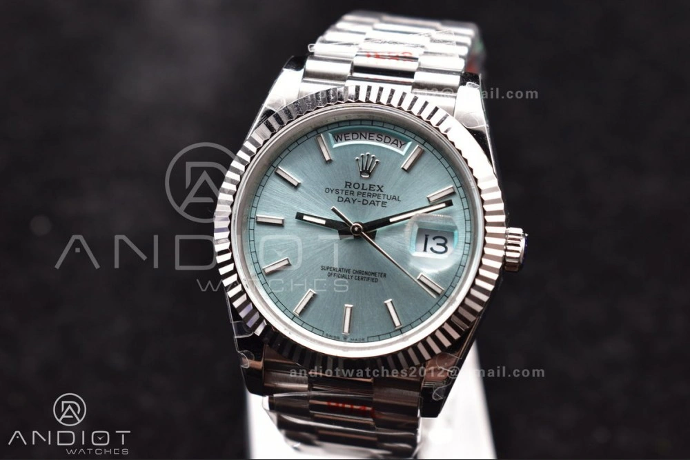 Bright DayDate 40 SS GMF Gain Weight Ice Blue Stick Dial on President Bracelet A 716