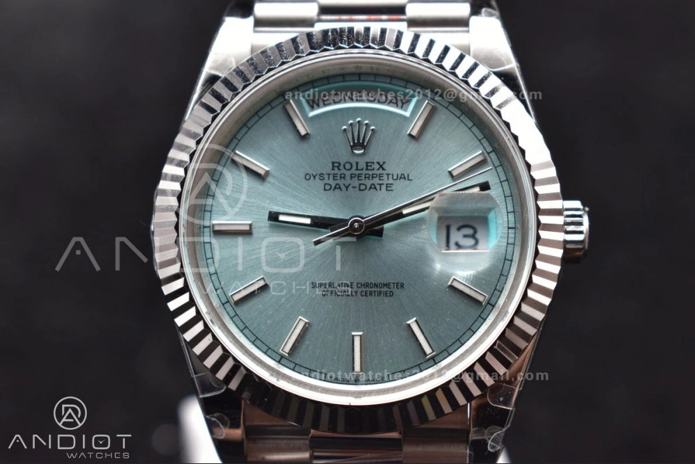 Bright DayDate 40 SS GMF Gain Weight Ice Blue Stick Dial on President Bracelet A 716